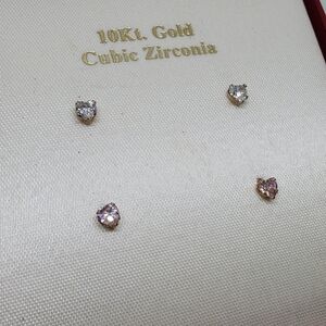 10K Gold Cubic Zirconia Heart Stud Earrings Set
